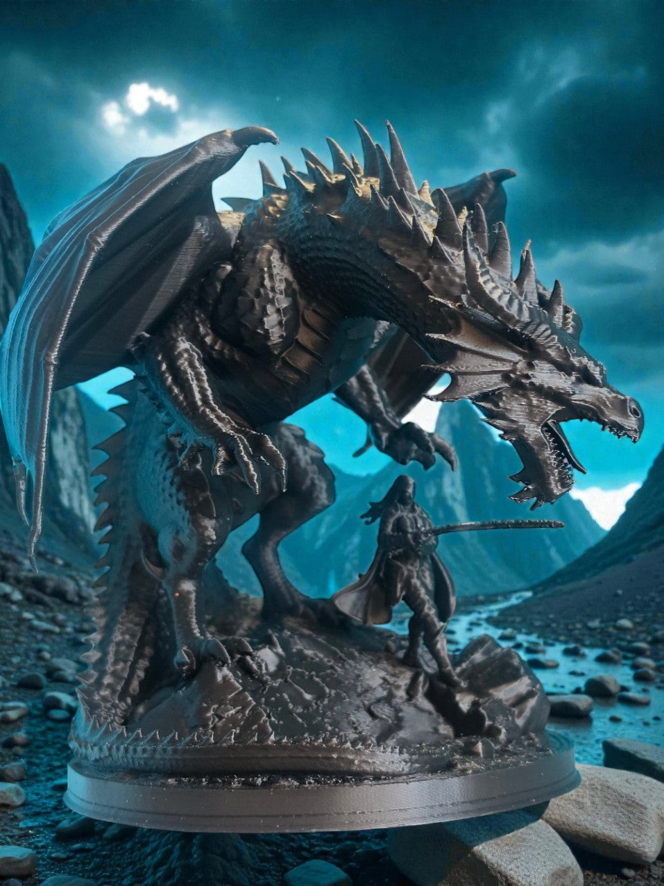 Front side perspective capturing dragon roaring at warrior figure on sculpted base with mountain backdrop