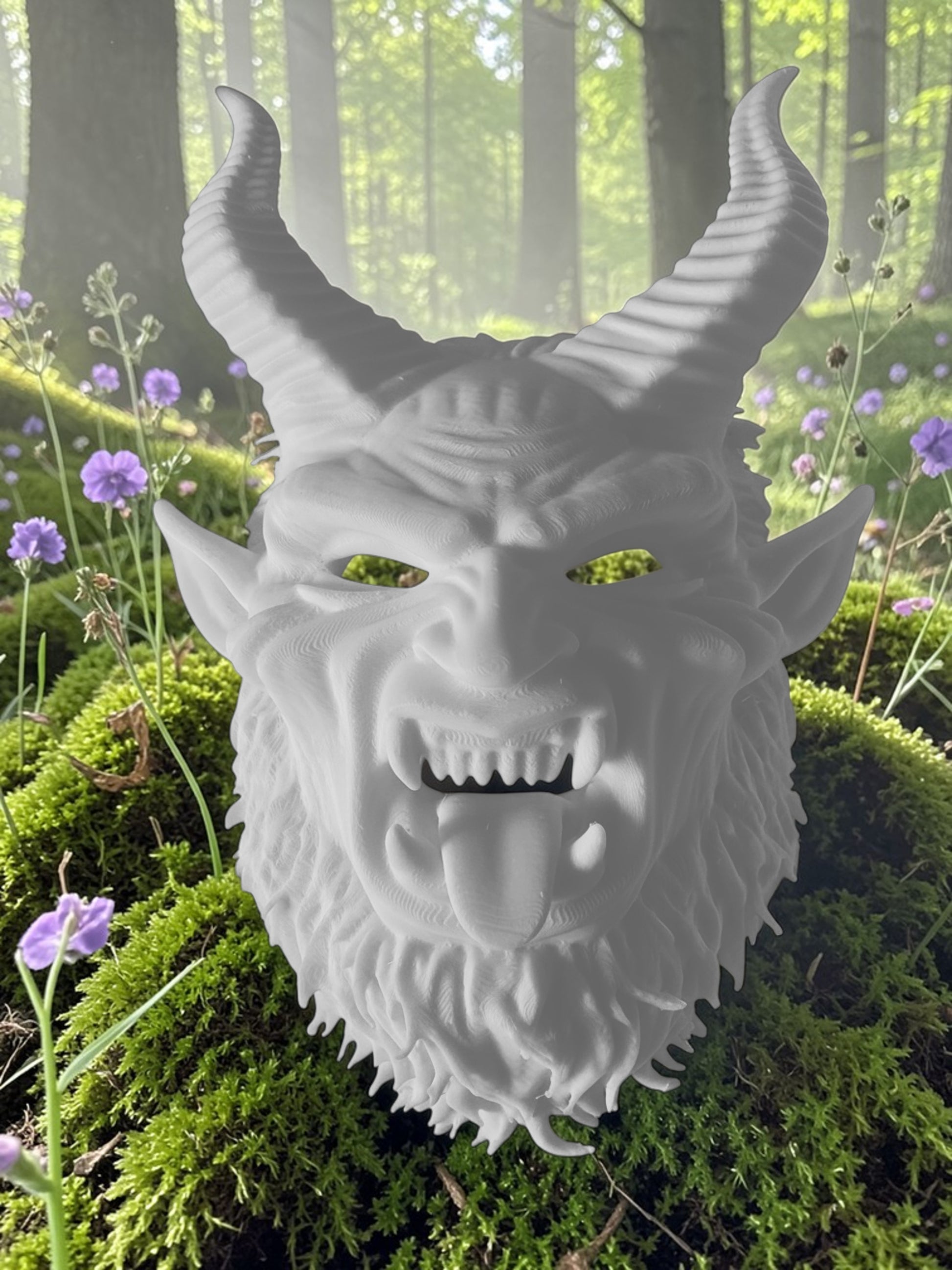 White 3D printed Krampus wall mask sculpture with horns and textured beard, displayed outdoors on moss with a forest background