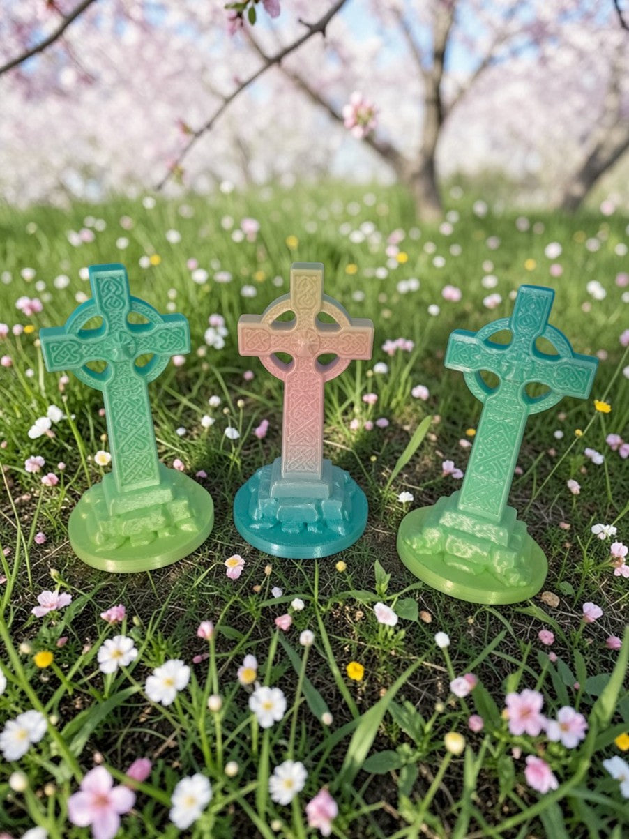 Three 3D printed Celtic Cross sculptures in assorted multi-colors displayed on grass with small white and yellow flowers.