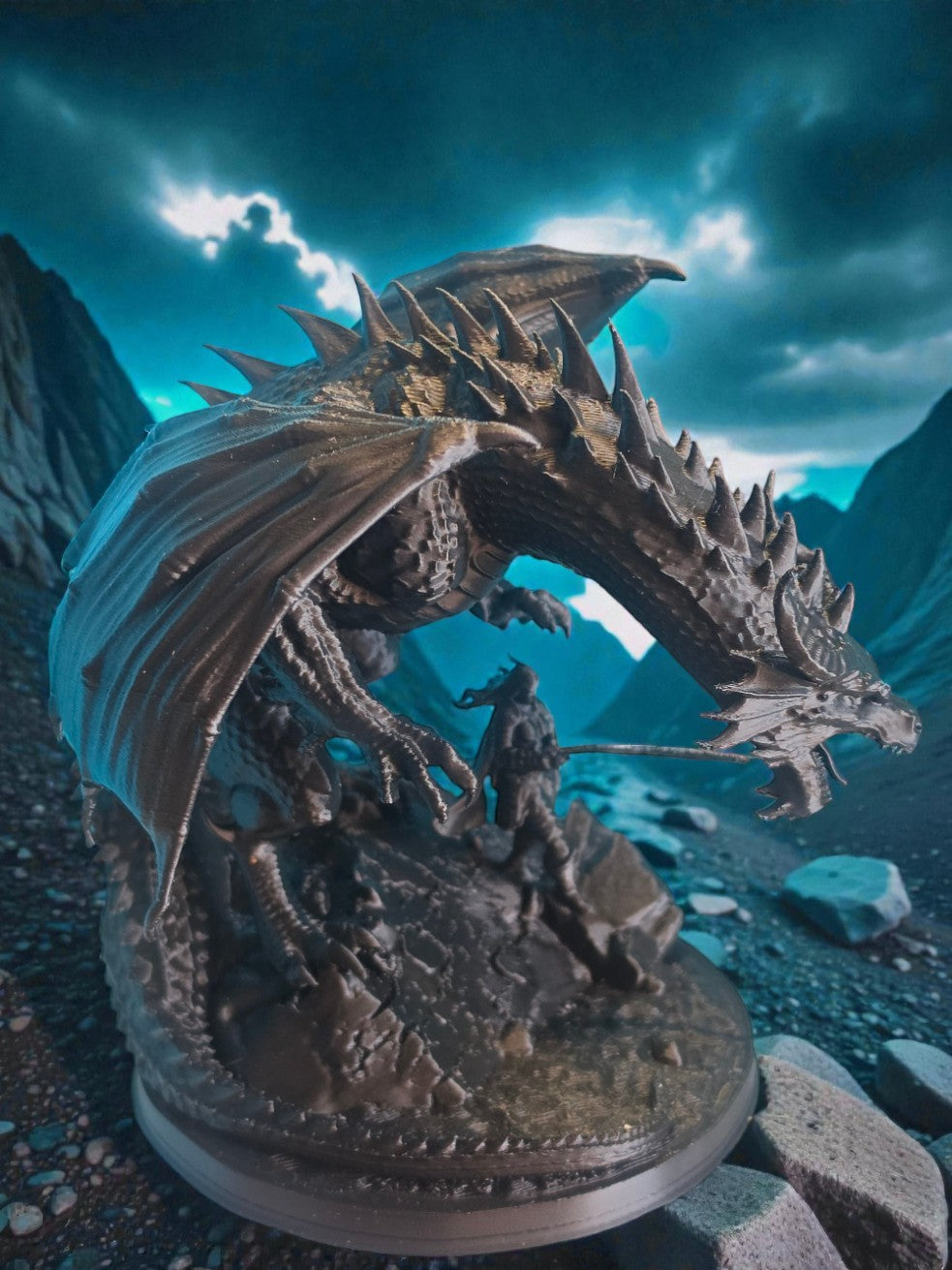 Close-up view of 3D printed dragon statue and warrior on rocky base with detailed scales and spiked wings in fantasy landscape