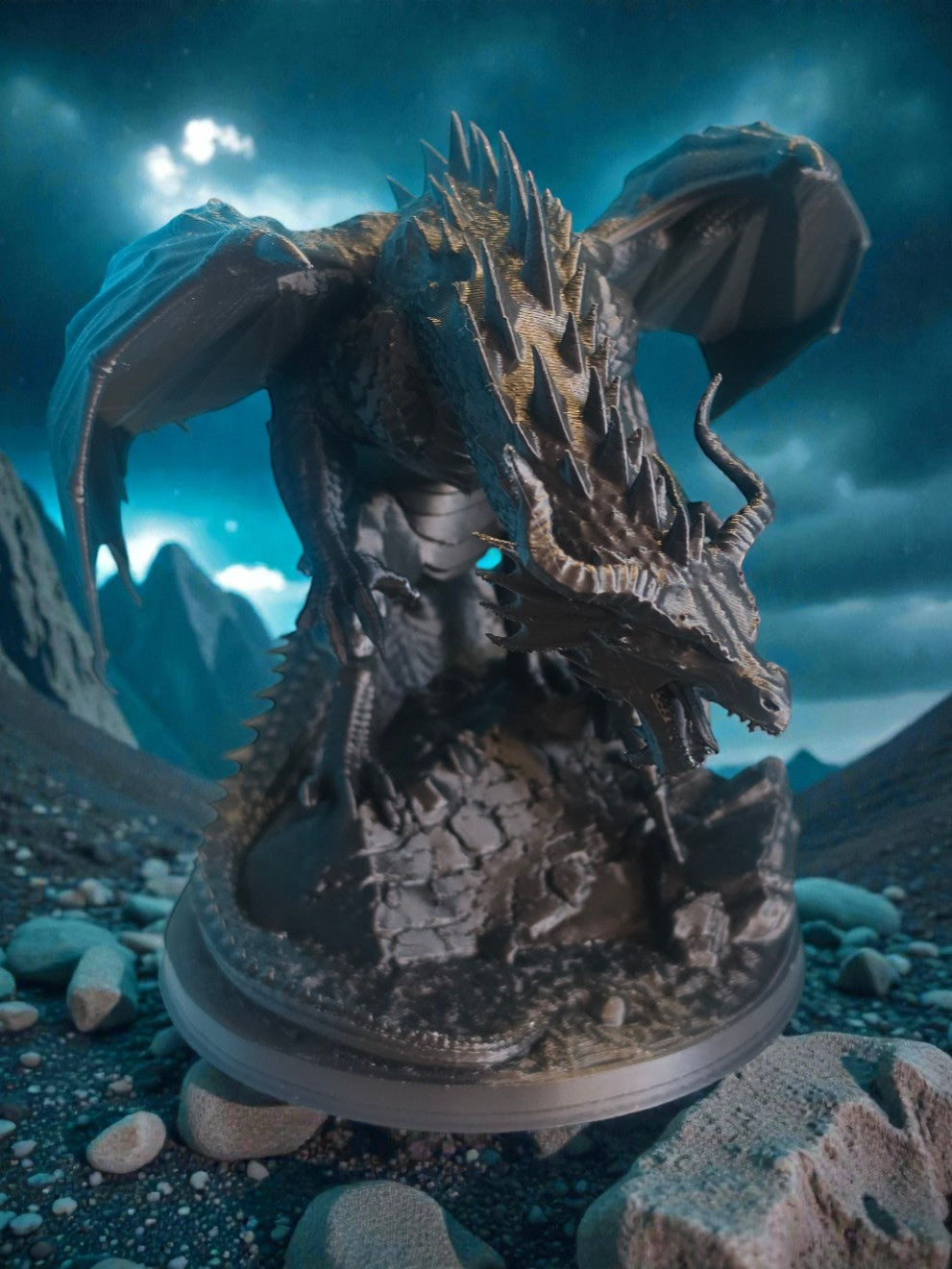Front angle showing dragon head with open mouth facing forward, with warrior figure on rocky terrain base