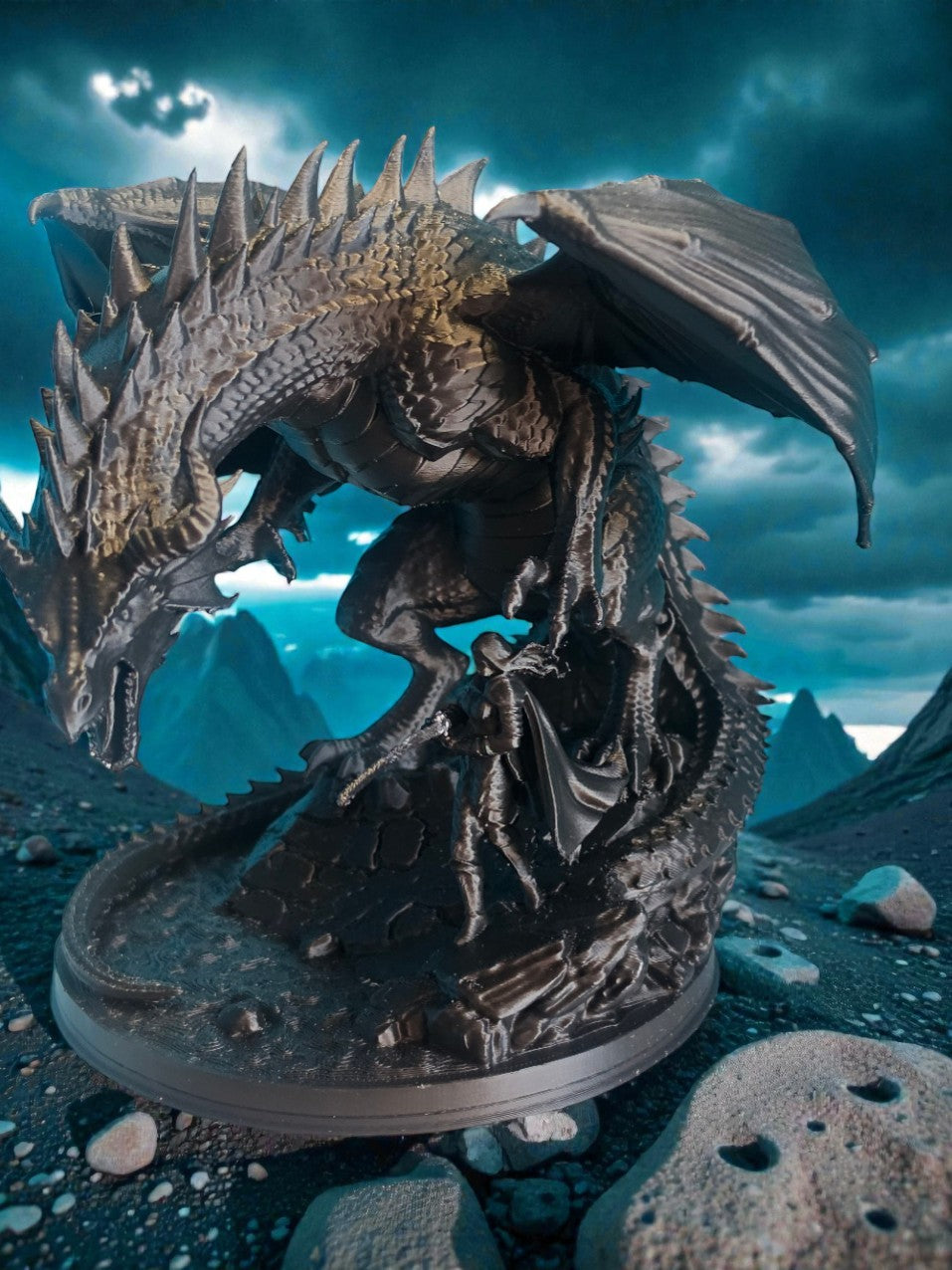 Side view of dragon statue showcasing curled tail, spiked back, wings, and warrior in battle stance