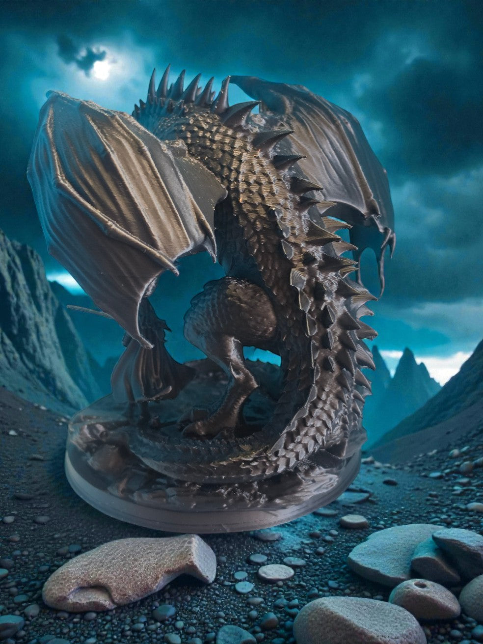 Back view highlighting detailed dragon wings, spiked tail, and textured scales on mountainous base