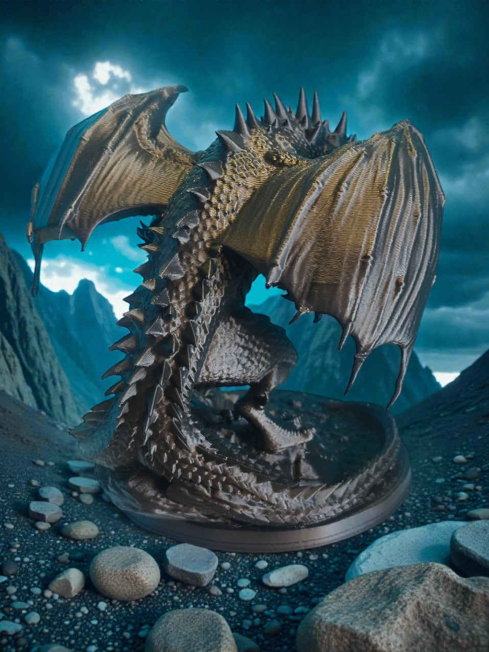 Rear angle showing dragon in stance with spread wings in rocky fantasy setting