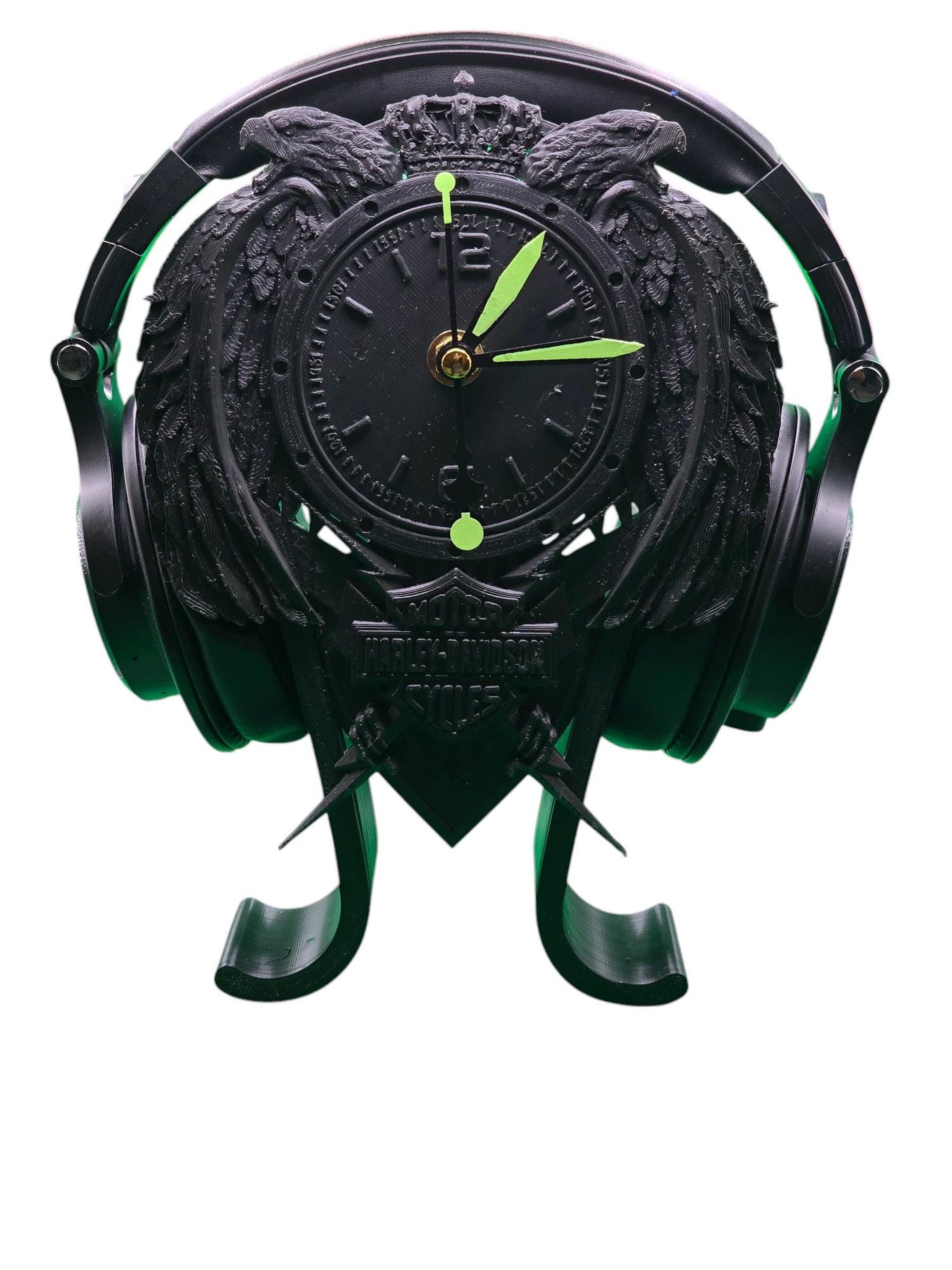 Harley Davidson-Inspired Headphone Stand and Clock 2, Unique Desk Organizer for Bikers, Functional Decor and Gift for Motorcycle Enthusiasts